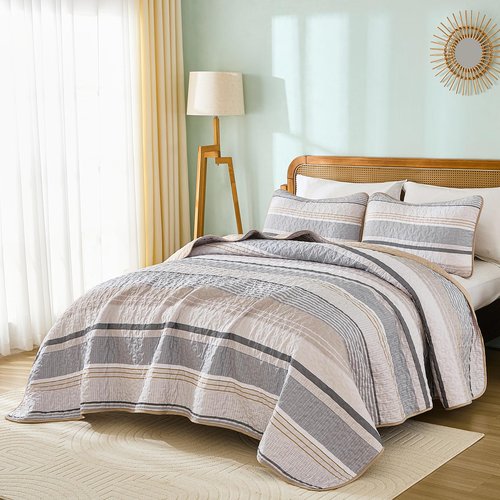Dintszyayue Quilt Queen Size Khaki Grey, 3 Pieces Boho Striped Bedspread Bedding for Queen Size Bed, Soft Lightweight Microfiber Bohemian Coverlet Set for All Season Quilts with 2 Pillowcases