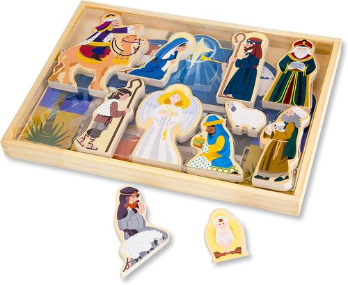 Melissa & Doug Classic Wooden Nativity Set - 11 Figures with 4-Piece Stable for Christmas Decor