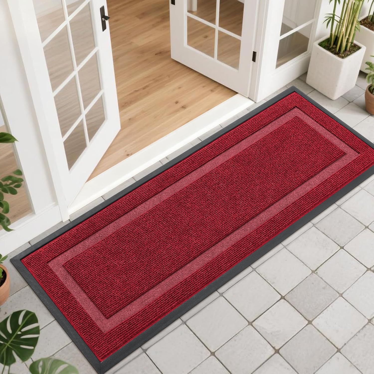OLANLY Waterproof All-Season Front Door Mat - Sturdy Natural Rubber, Easy Clean | 47x17, Wine Red