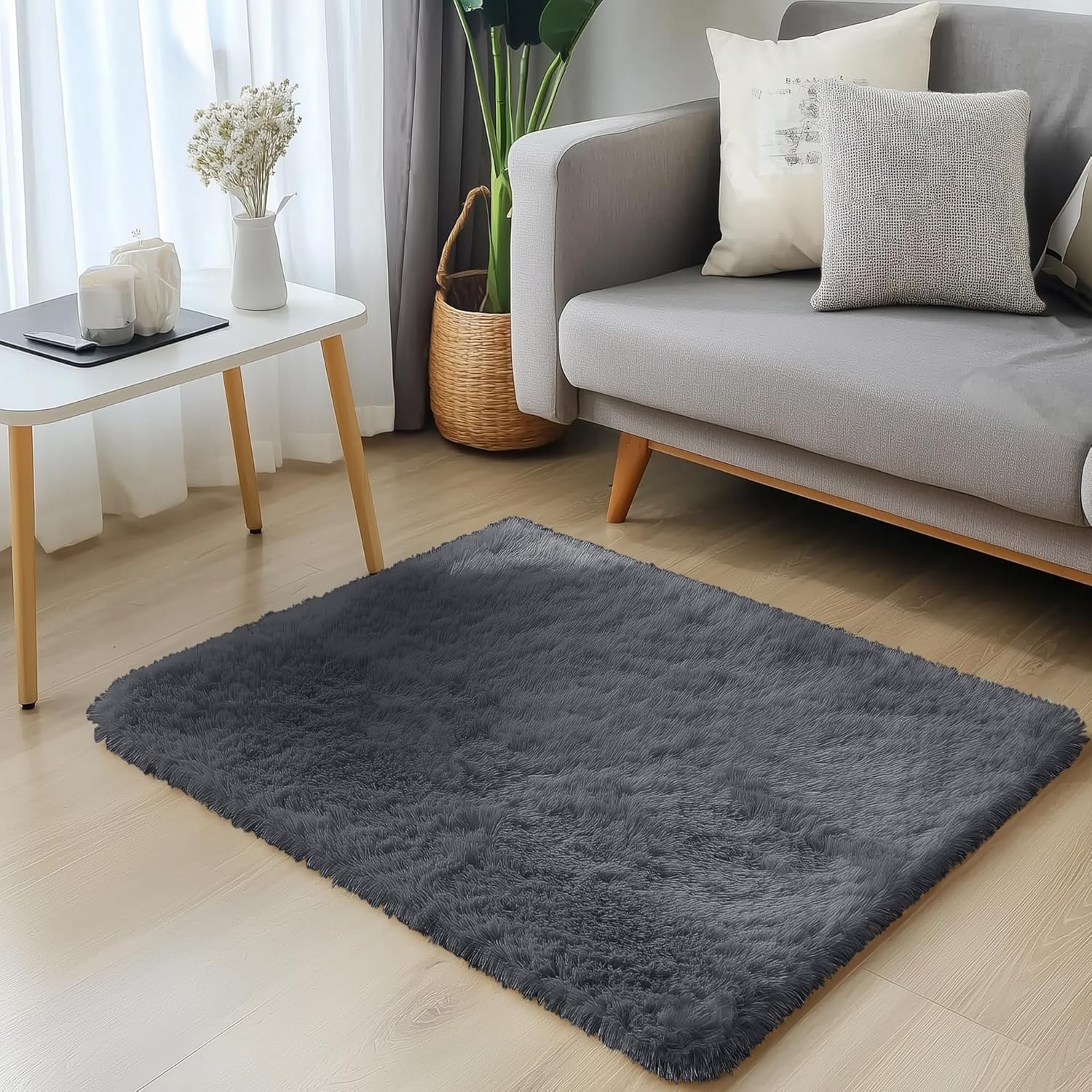 OLANLY Soft Fluffy Shaggy Bedside Rug - Machine Washable 2x3 for Bedroom & Nursery | Grey Home Decor