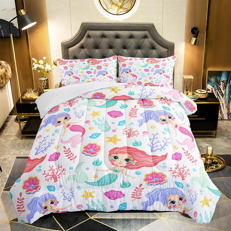 XYNHML Mermaid Comforter Set Twin Size Fairy Tale Sea Shell Grass Bedding Set Starfish Quilt Bed Set for Kid Girls with 1 Comforter and 2 Pillowcases