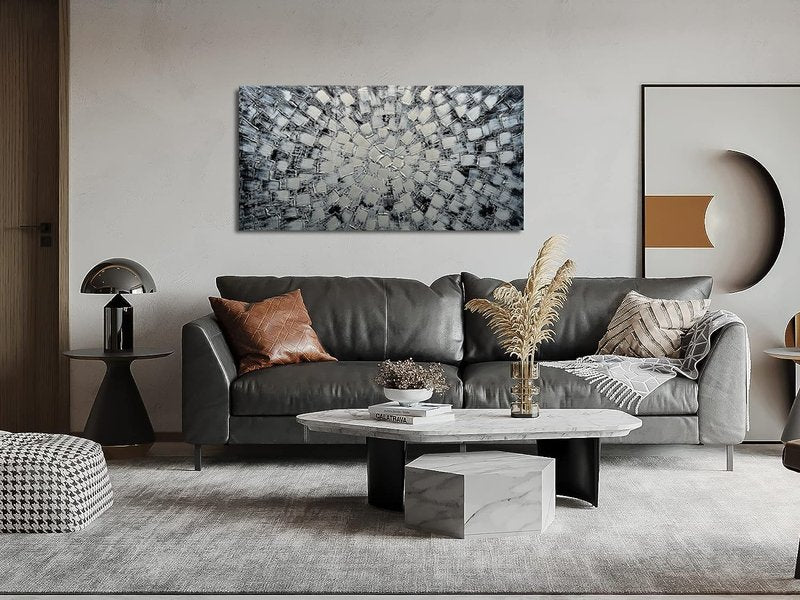 MyArton Textured Abstract Squares Canvas Wall Art Hand Painted Modern Black Silver Oil Painting Picture for Home Decoration Ready to Hang Horizontal or Vertical 40x20inch