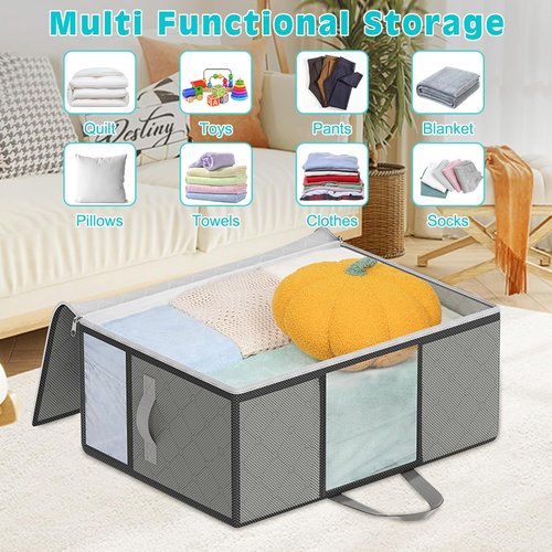 4 Pack Comforter Storage Bags by [Brand Name] - Extra Large Foldable Bedding Organizers with 4 Handles & 3 Clear Windows | Grey
