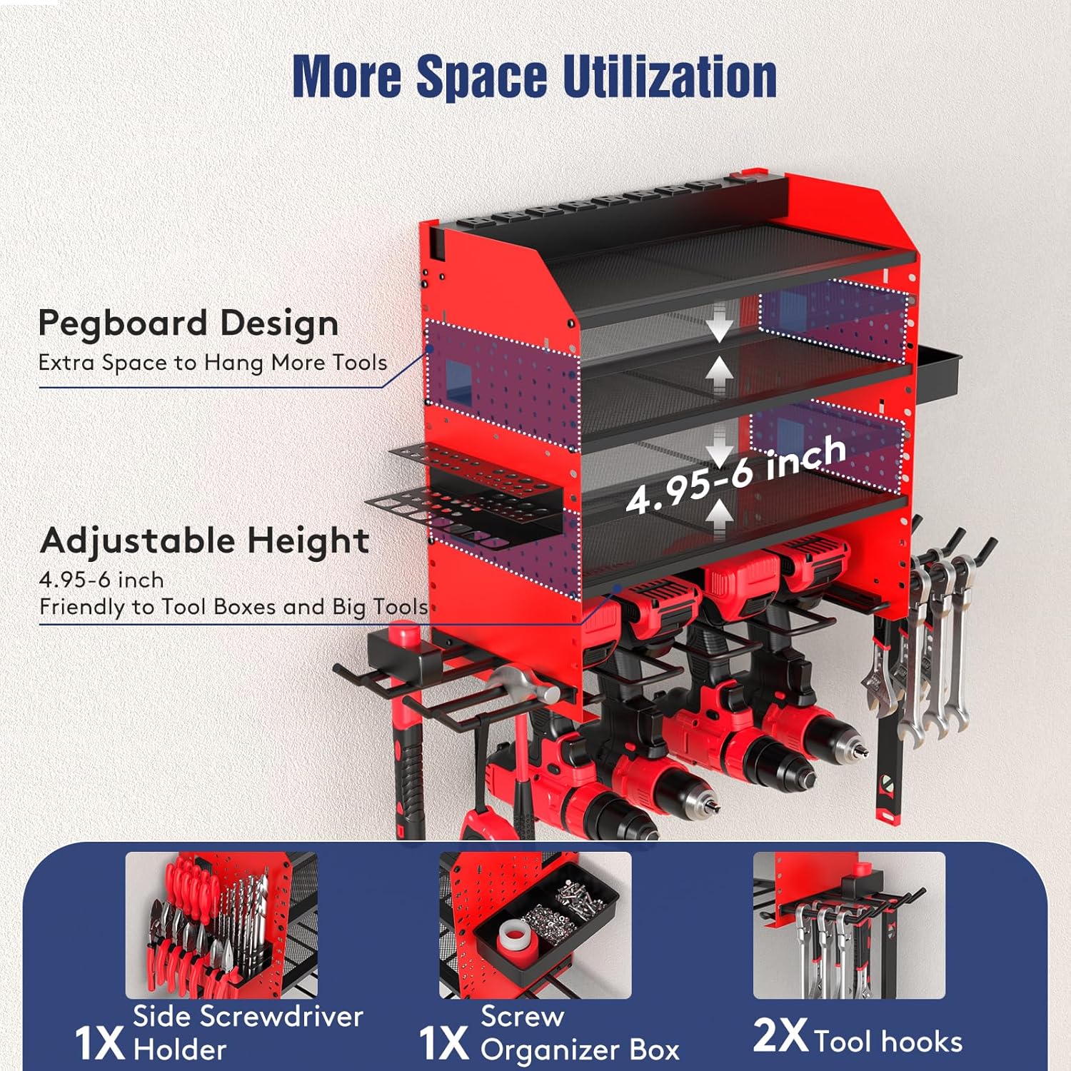 Power Tool Organizer by Heavy Duty - Wall Mount with Charging Station & Adjustable Shelves | Holds 4 Drills