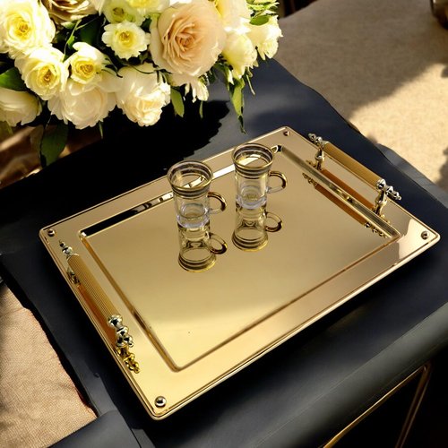 Maro Megastore (Pack of 2) 17.4 inch x 13 inch Rectangular Iron Gold Plated Serving Tray with Handles Simple Stylish Decorative Birthday Wedding Buffet Wine Decor Platter Plate Base Dish FST-001