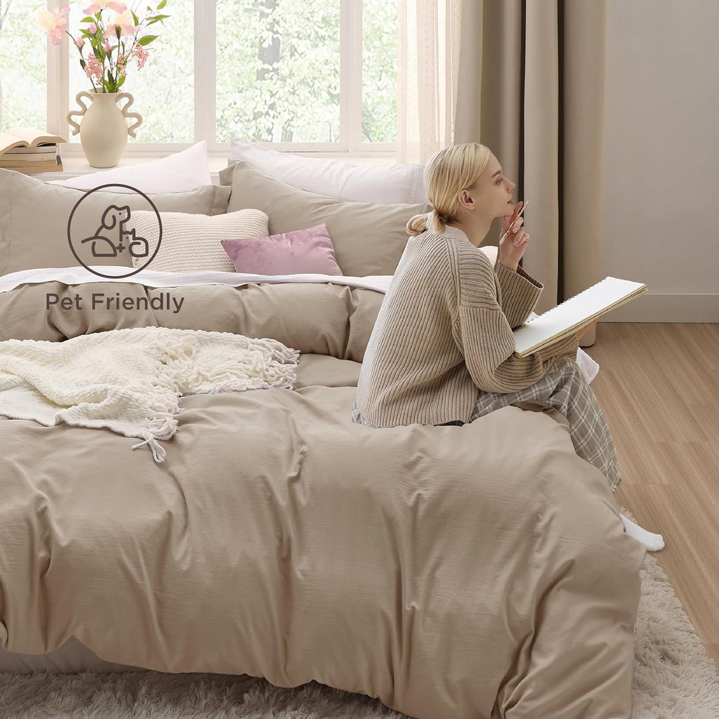 Bedsure King Size Duvet Cover Set - Extra Soft Prewashed Cotton-Like Bedding in Light Brown, 3 Pieces