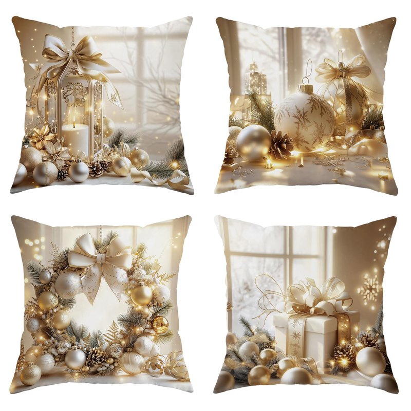 Winter Christmas Pillow Covers Set of 4, Elegant Luxury White Gold Balls Ornament Wreath Throw Pillows Case, Cozy Gift Box Festive Decorative Square Home Sofa Bed Couch Accents Covers 18x18 Inch