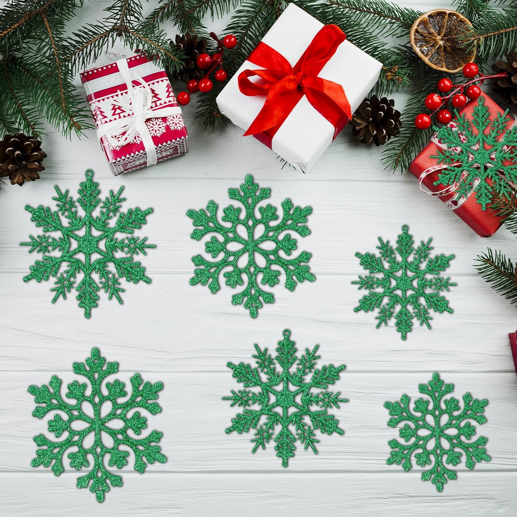 Skiennix Dark Green Christmas Snowflake Ornaments - 36 Pcs Glitter Hanging Decorations for Holiday Home Decor