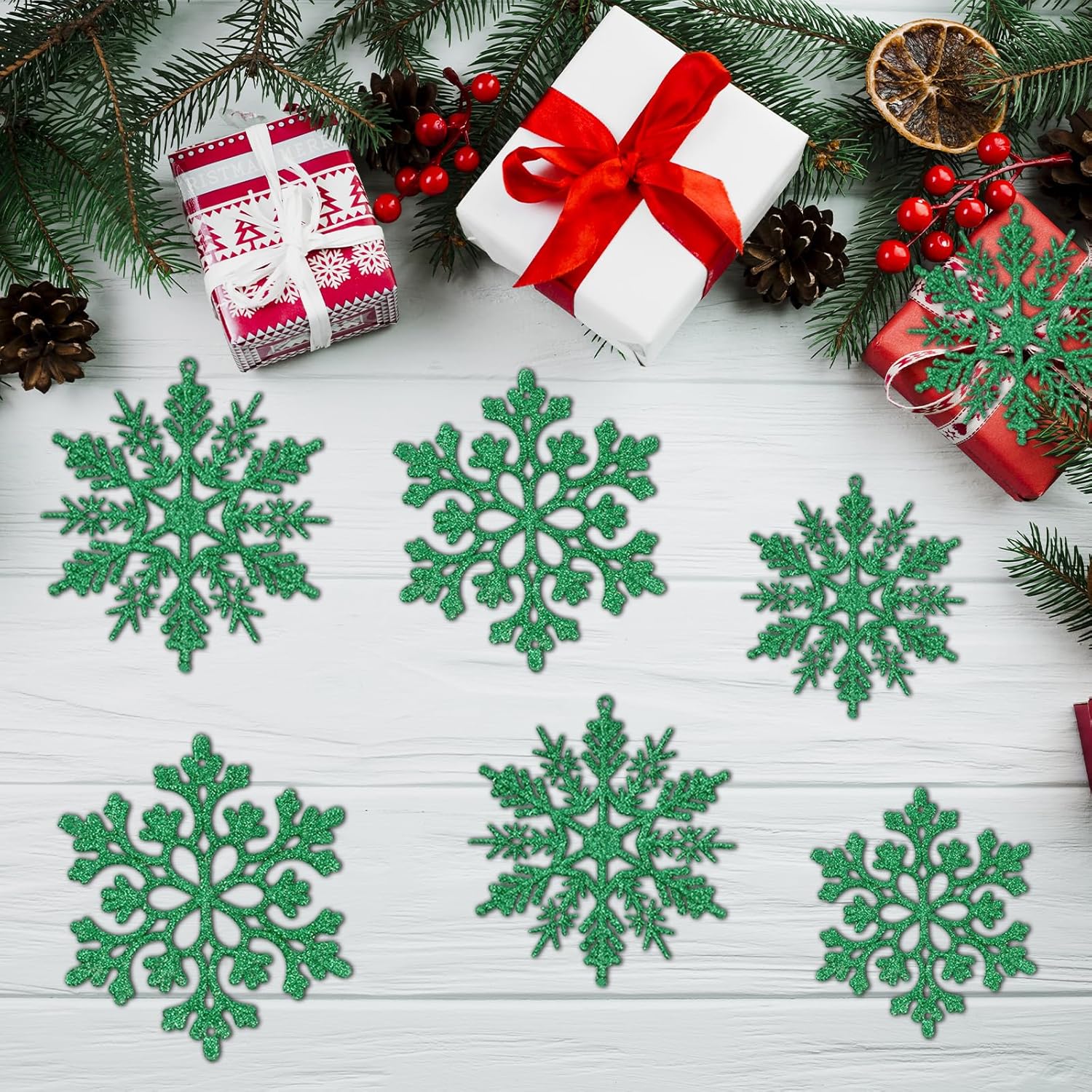 Skiennix Dark Green Christmas Snowflake Ornaments - 36 Pcs Glitter Hanging Decorations for Holiday Home Decor