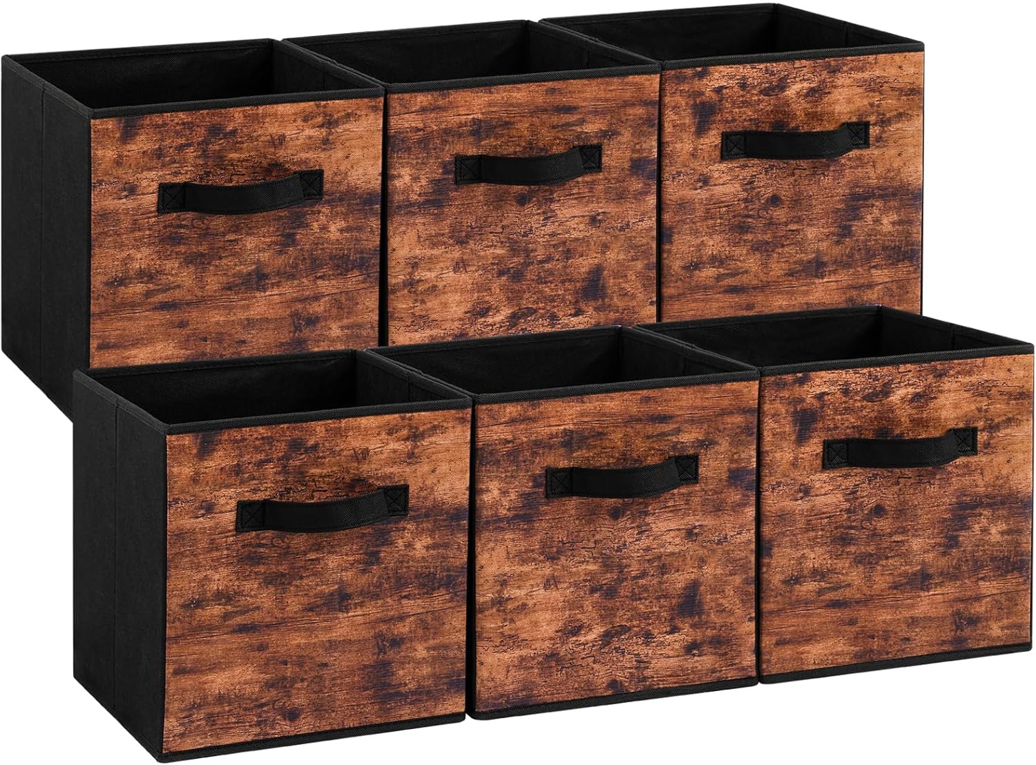Stero Fabric Storage Cubes - 6 Pack Foldable Bins with Handles | 13-Inch Rustic Brown & Black Organizer
