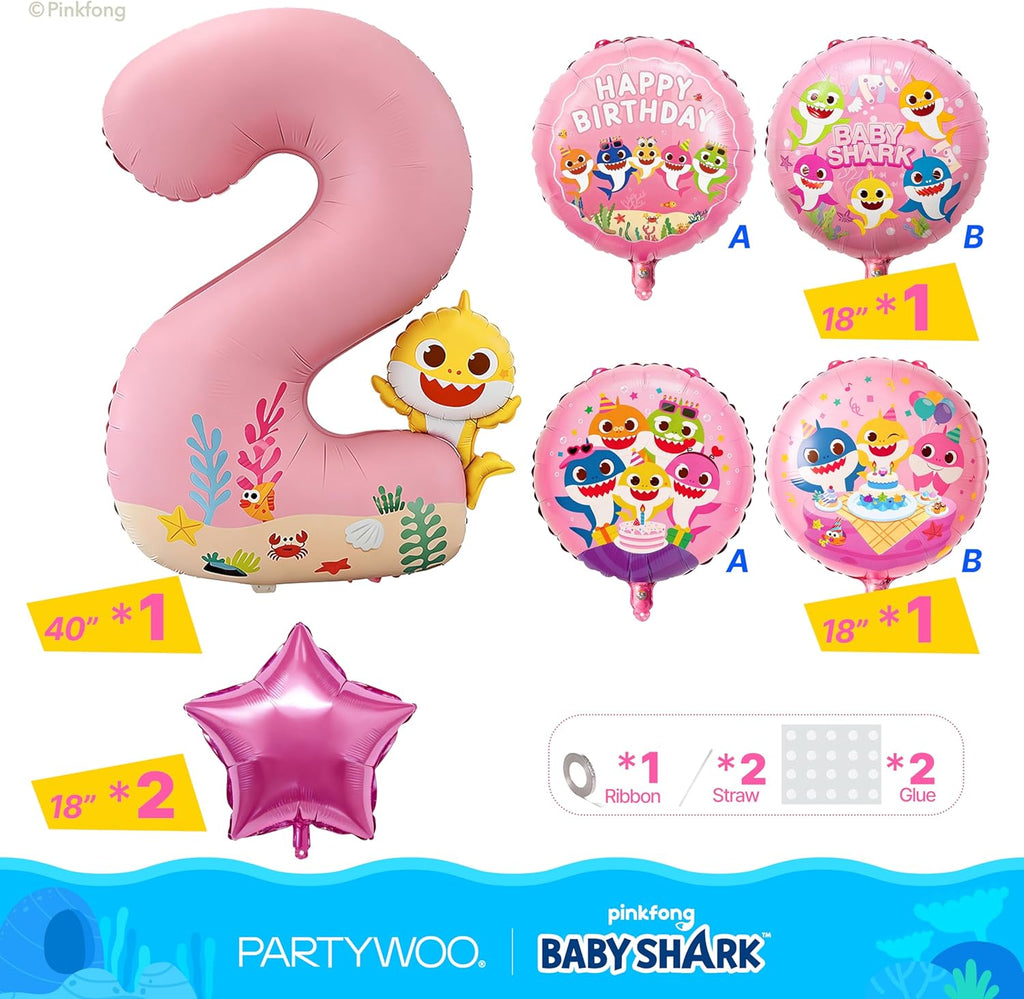 PartyWoo Baby Shark Pink Foil Number 2 Balloon - 5pcs 18-Inch Mylar Helium Birthday Decorations for Kids