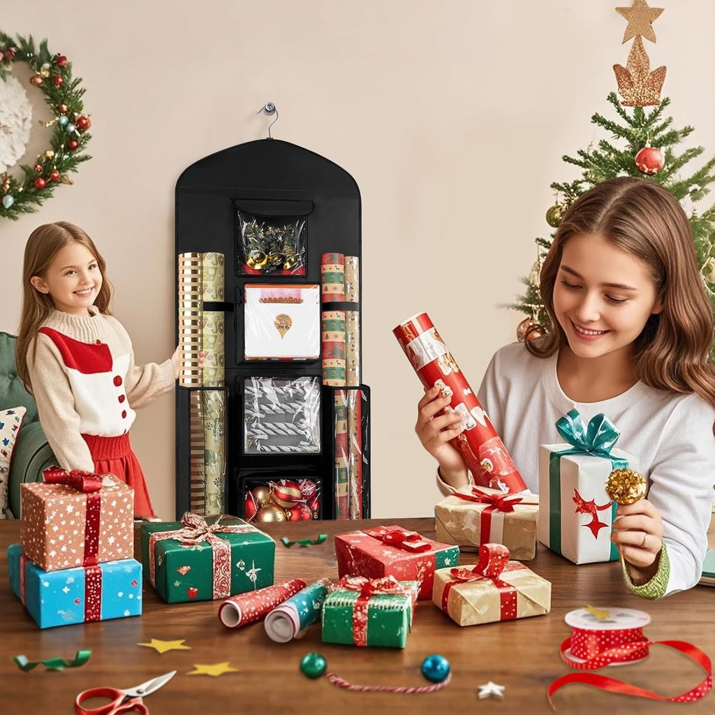 Woodoulogy Gift Wrapping Paper Storage - 40"x17" Black Double-Sided Organizer for Christmas Wrap