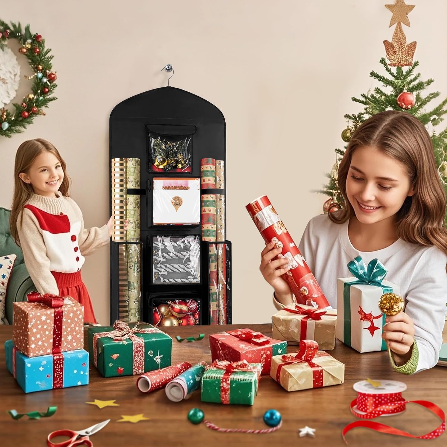 Woodoulogy Gift Wrapping Paper Storage - 40"x17" Black Double-Sided Organizer for Christmas Wrap