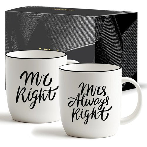 Triple Gifffted Mr Right Mrs Always Right Coffee Mugs Gifts Ideas for Couples, Wedding Anniversary, Engagement, Christmas, His & Hers, Bride and Groom, Parents, Newlyweds Bridal Shower, Ceramic 380ml