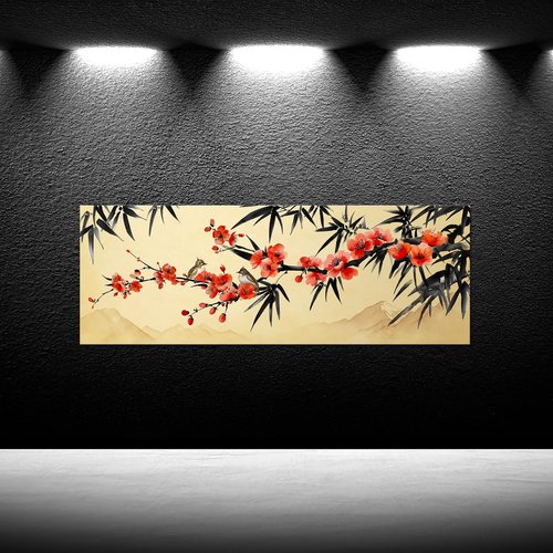 iKNOW FOTO Large Bamboo Plum Blossoms Chinese Traditional Wall Art with Birds Black and Red Canvas Painting for Living Room, Hallway, Home Office, Asian Wall Decor, Modern Chinese Art 20x55 Inches