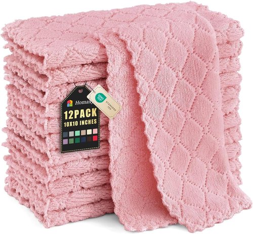 Homaxy Kitchen Dish Cloths - Super Soft & Absorbent Coral Velvet | 12 Pack (10 x 10 Inches, Pink)