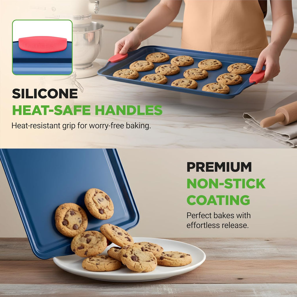 NutriChef Nonstick Baking Pans Set - Durable Carbon Steel Bakeware with Red Silicone Handles | Easy Cleanup (Blue)