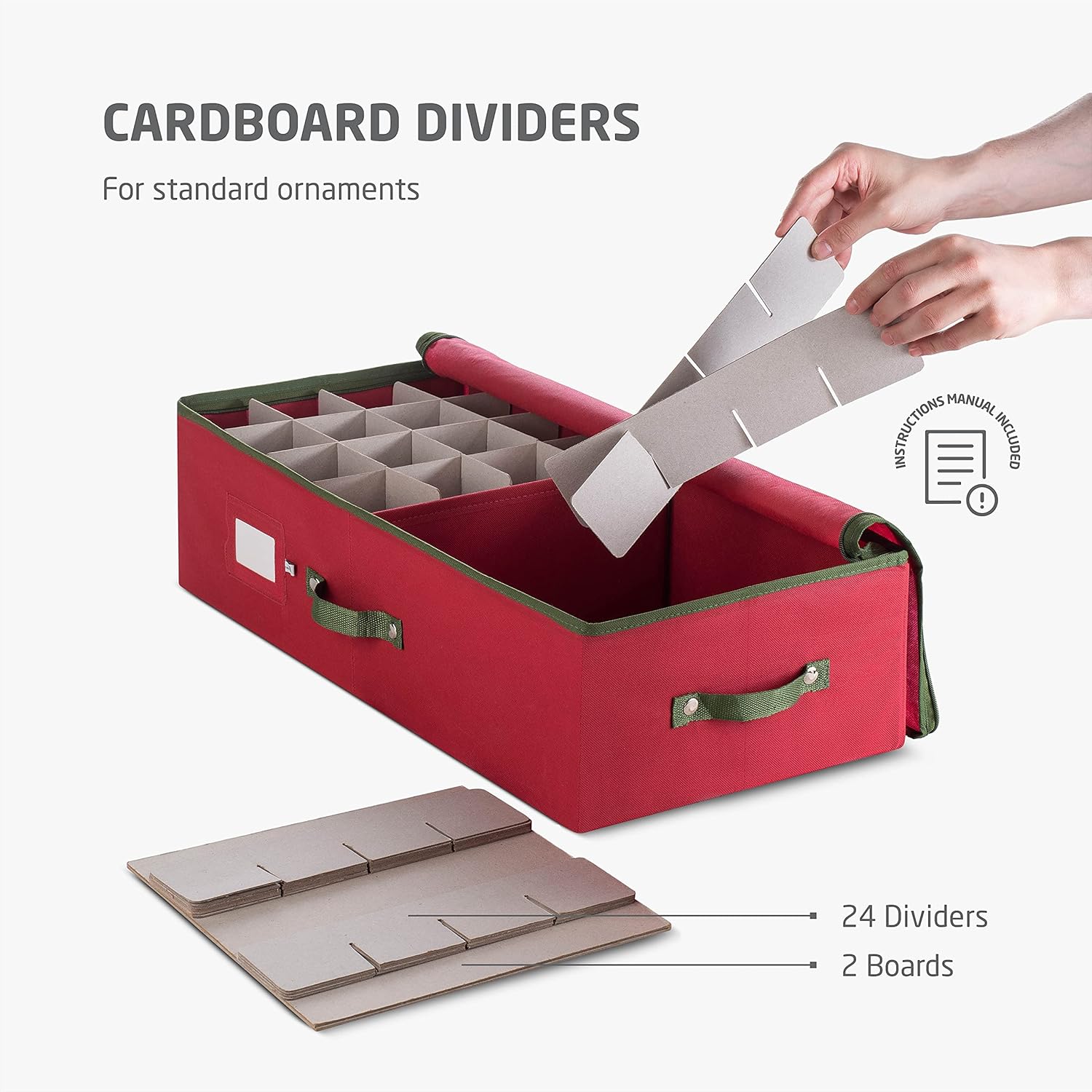 ZOBER Christmas Ornament Storage Box - Holds 64 3" Ornaments with Dividers - Durable Tear-Proof 600D Oxford Fabric - Red
