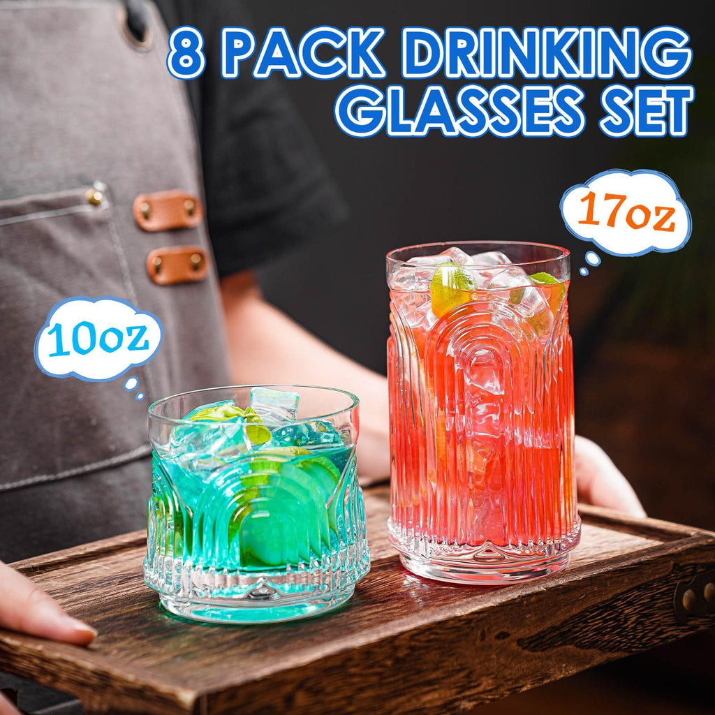 VasoArte Vintage Drinking Glasses, Art Deco Glassware, Set of 8 Hand-Made Glass Cups-17oz Highball Glasses & 10oz Cocktail Glasses, Ribbed Glassware, Bar Tumbler Set, Kitchen Glass ware