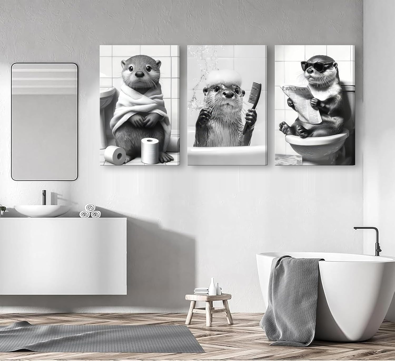 Skiennix Cute Otter Canvas Wall Art - Funny Black and White Animal Print | 3-Piece Bathroom Decor