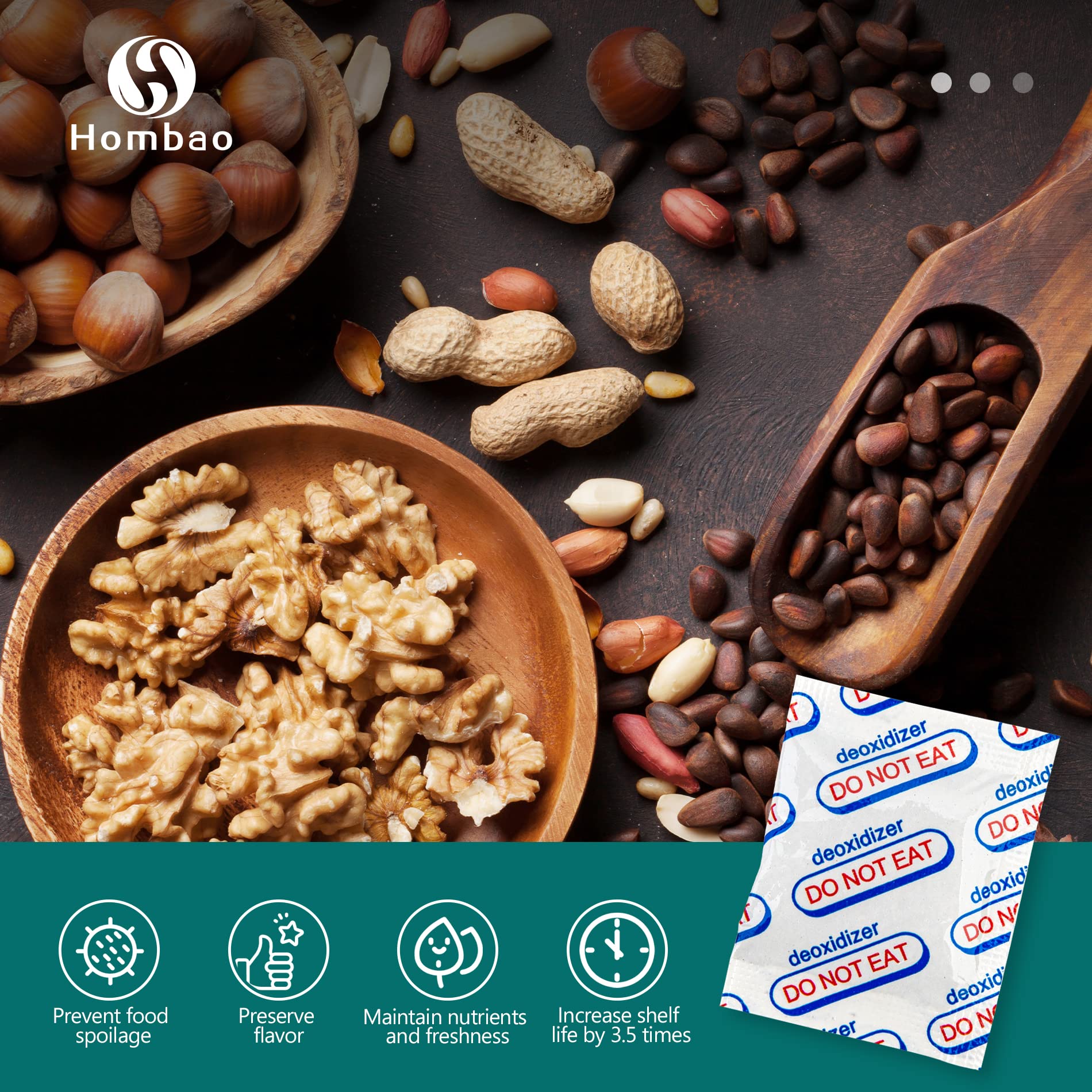 Hombao 200 Packs 500CC Food Grade Oxygen Absorbers (10 Packs x 1 Vacuum Bag) - Long Term Food Storage O2 Absorbers