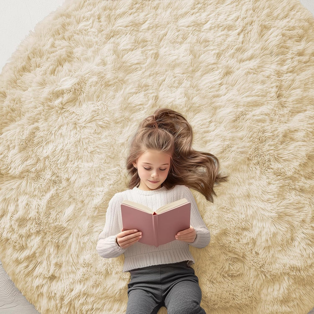 OLANLY Cream Round Area Rug - Soft, Fluffy, Machine Washable 6 ft Circle Carpet for Bedrooms & Nurseries