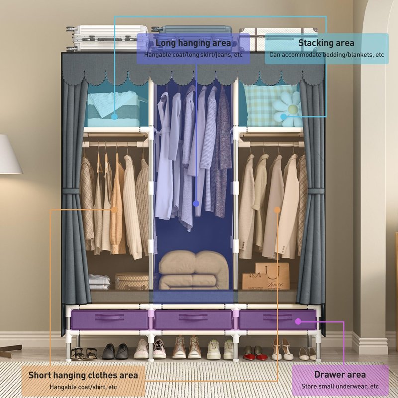 LEAIJIAFY Portable Armoire Wardrobe Closet with 3 Drawers and 3 Hanging Rods,Cloth Closet Wardrobe Cabinet for Hanging Clothes,Grey Cover,for Clothing,Bedding,51 in Width