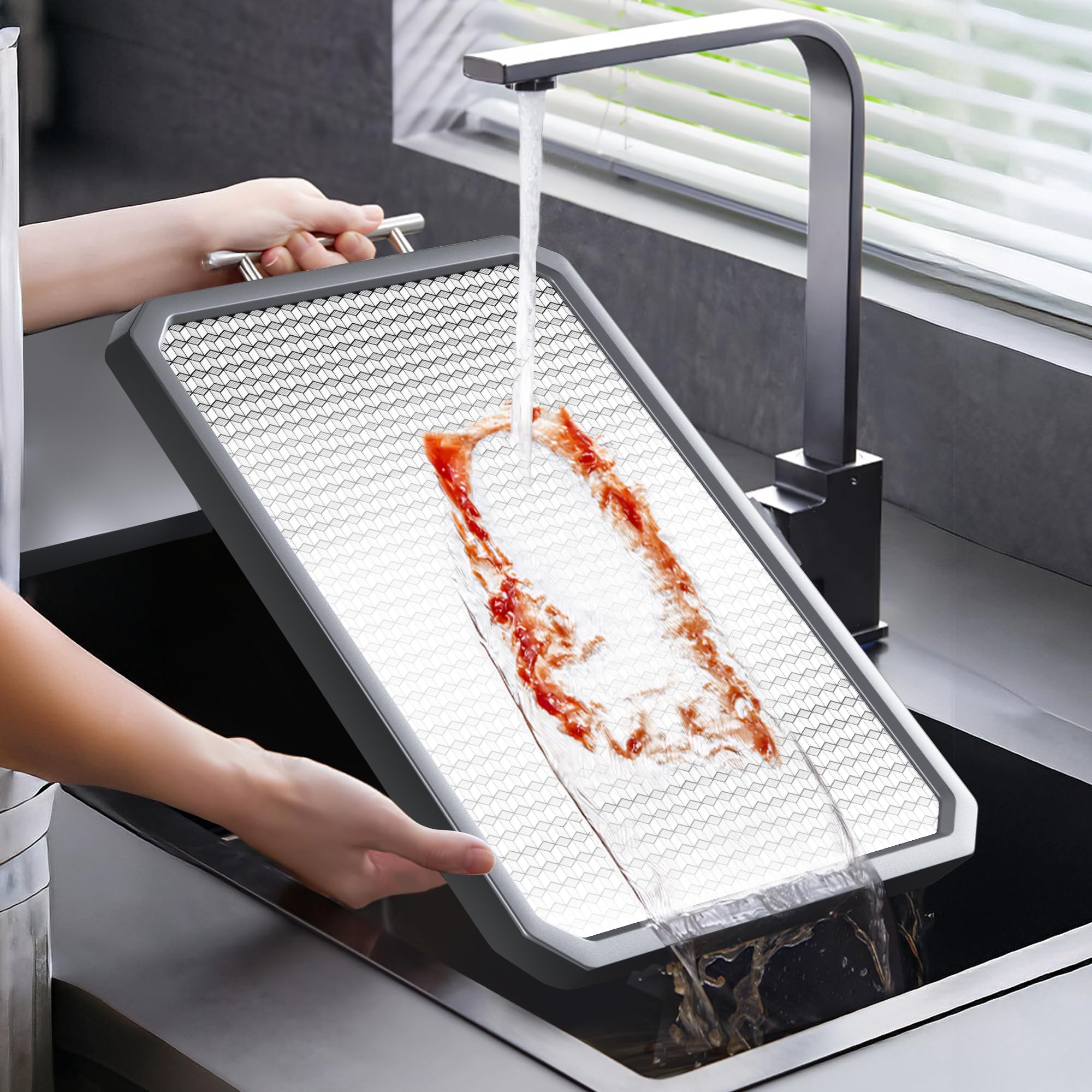 Stainless Steel Cutting Board,Double Sided Chopping Board for Kitchen,Scratch Resistant Mesh Design,Anti-Slip Silicone Edges(Grey,16"*12")