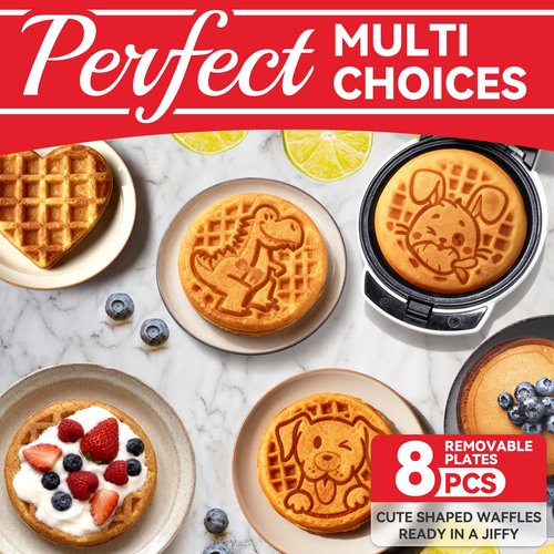 SugarWhisk 6-in-1 Mini Waffle Maker With Removable Plates, 4.5'' Mini Waffle Iron for Holidays, Parties & Events Waffle Maker Machine, 8 Plates with Premium Ceramic Coating, White