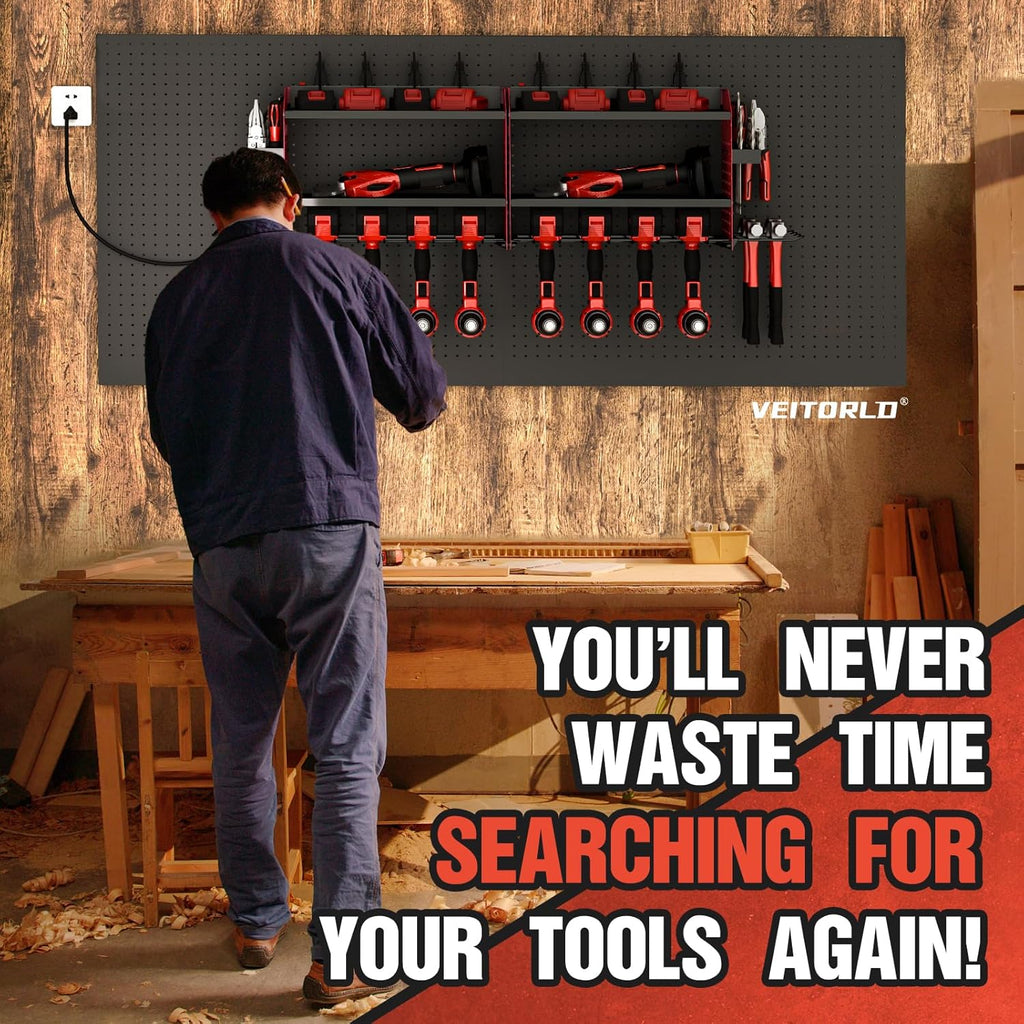 Power Tool Organizer - Heavy Duty Wall Mount Rack with Charging Station | 4 Drill Holders - Red