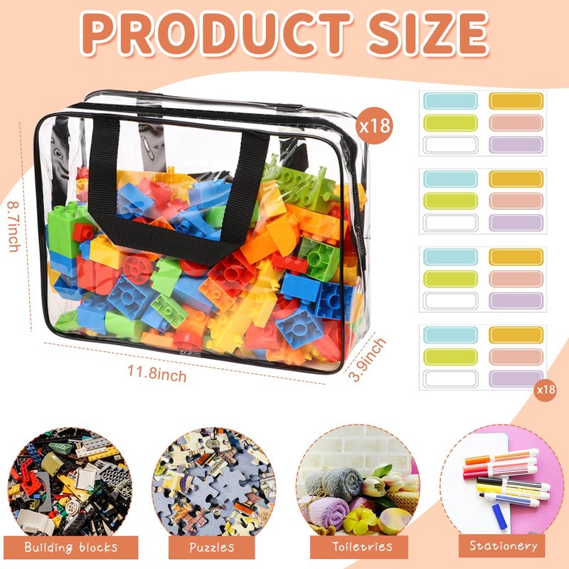 18 Packs Large Toy Storage Bags with Labels, Waterproof Clear Pvc Storage Bags for Toys, Travel Organizer Bags with Zipper Closure for Puzzles, Building Blocks, Kids' Books
