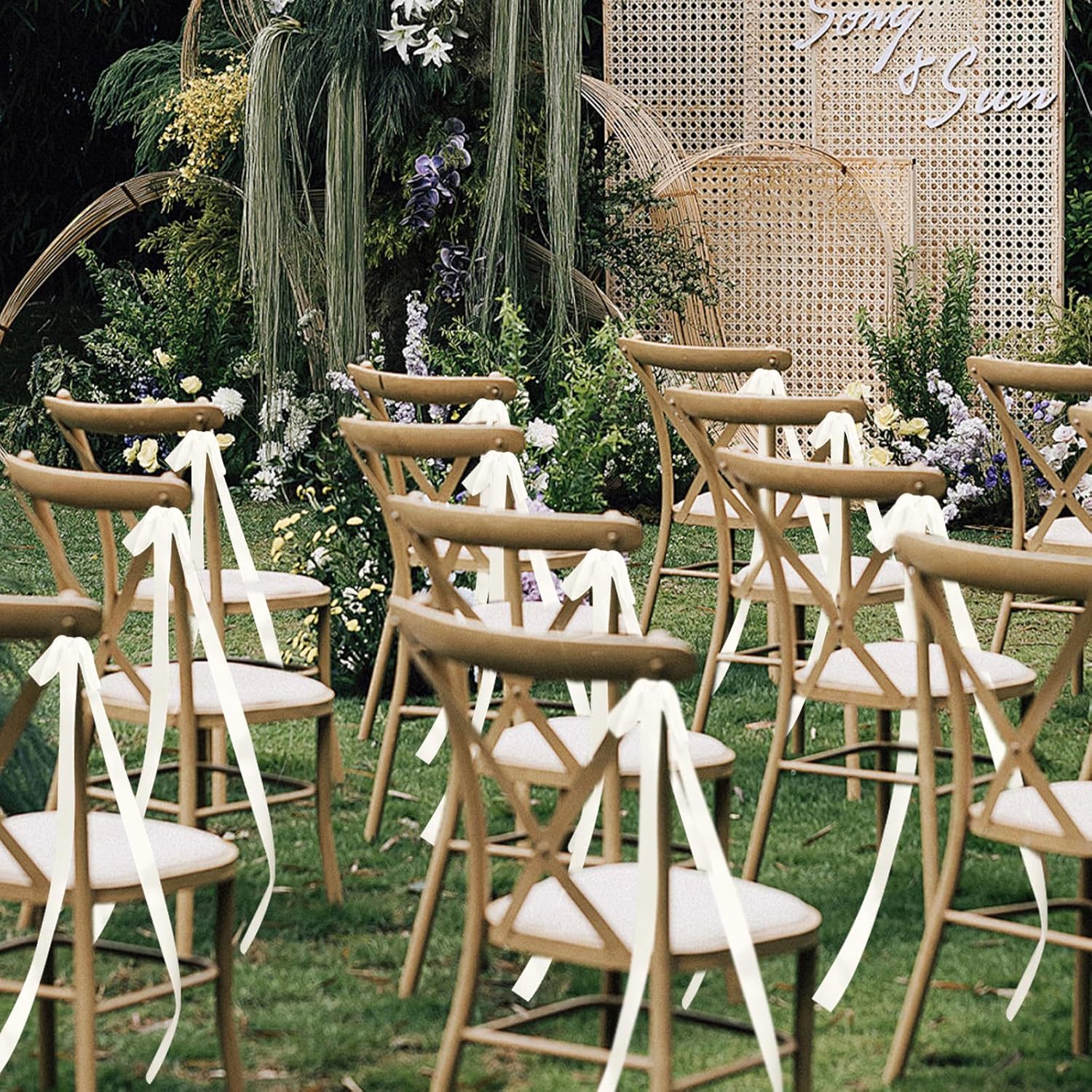Regine Switzerland 24 Pcs Ivory Wedding Ribbon Bows - Elegant Decorative Sashes for Chairs & Pew