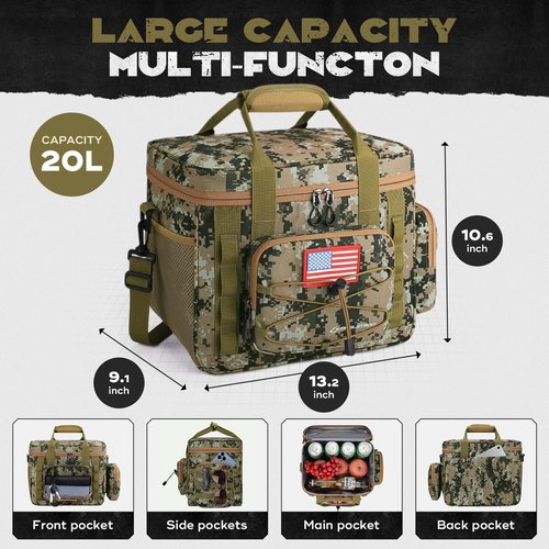 Maelstrom Large Tactical Lunch Box for Men,Insulated Lunch Bag, Leakproof Soft Cooler Bags with Detachable MOLLE Bag,Durable Lunch Tote for Adult Women Work,Picnic,30 Cans/20 L, Camouflage