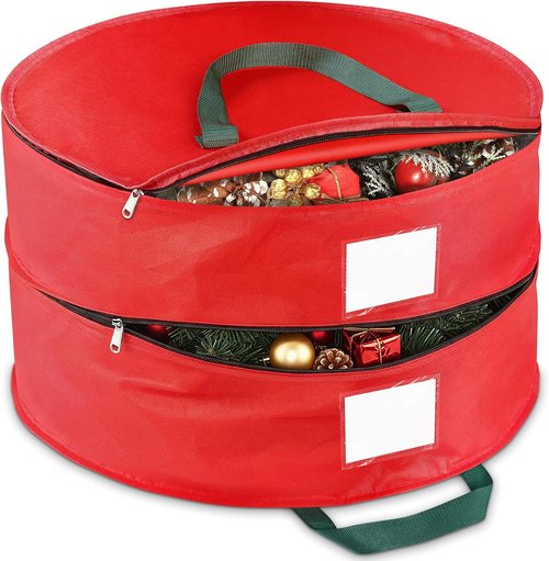 BlessedSeason Wreath Storage Container - Protects 2 Holiday Wreaths with Dual Zipper & Handles | 24” Red
