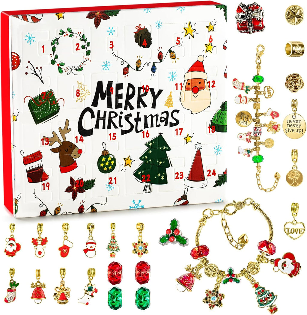 Skiennix Christmas Advent Calendar Bracelets 2025 - 24-Day DIY Jewelry Kit with 22 Charms & 2 Bracelets for Teens & Kids