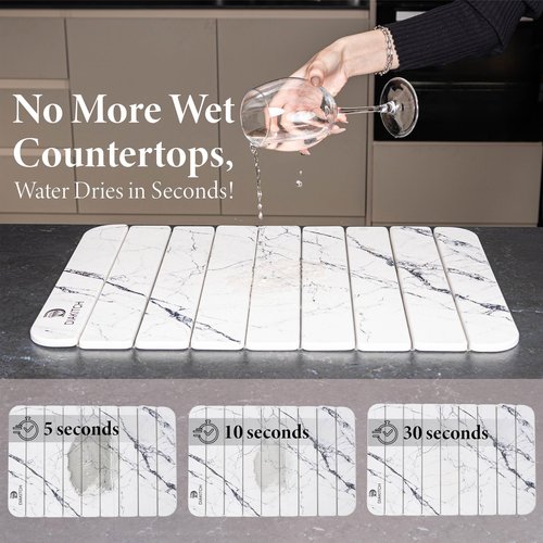 DIAKITCH Stone Drying Mat for Kitchen Counter – Super Absorbent Stone Dish Drying Mat, Foldable & Quick Dry, Diatomaceous Earth Mat for Dish & Bottle, Ideal for Kitchen - 23.6" x 15.4", White