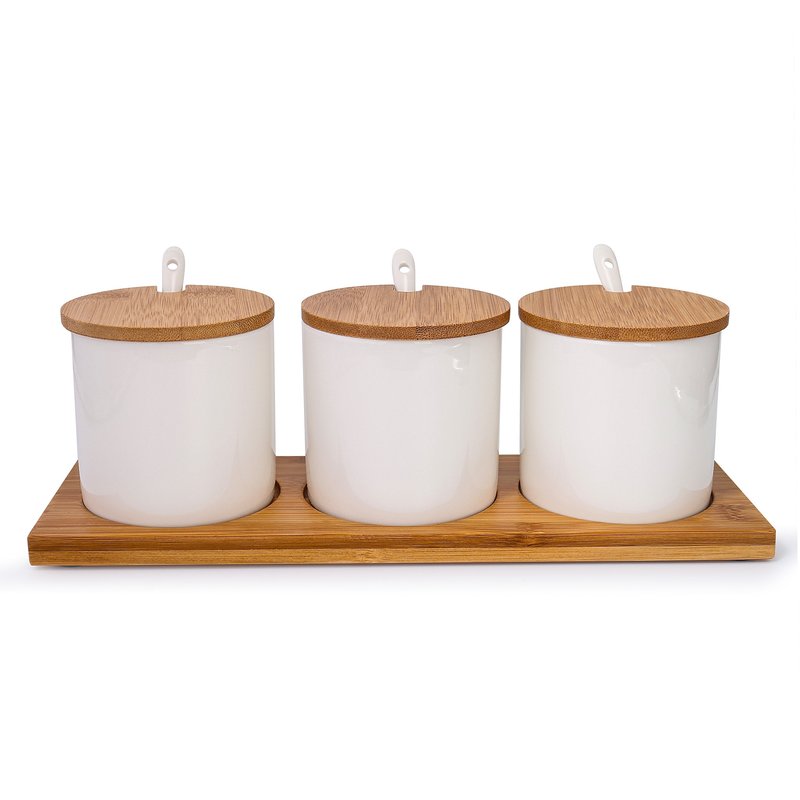 Lucky Goddness June Sky Ceramic Food Storage Containers with Bamboo Lid- Modern Design Porcelain Jar- Perfect Canister for Sugar Bowl Serving Tea, Coffee, Spice- Condiment Pot 8 oz, white