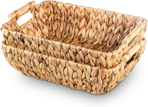 Mowtanco Woven Storage Baskets - Set of 2 Handwoven Water Hyacinth Baskets with Wooden Handles | Perfect for Organizing and Home Decor - Medium Size