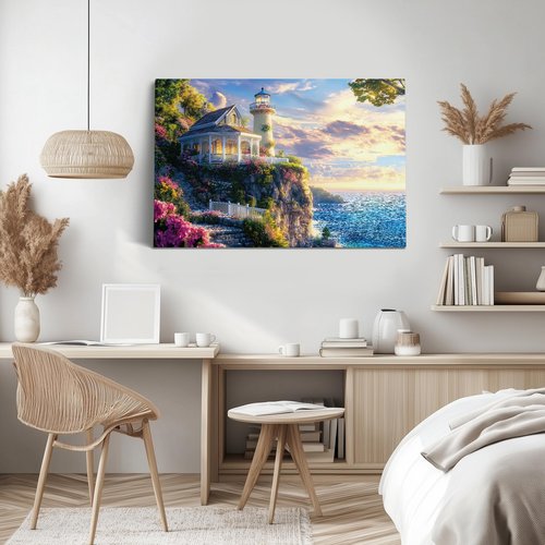 Thomas Kinkade Inspired Landscape Wall Art Classic American Countrystyle Framed Canvas Painting Artwork for Home Bedroom Office Decor Ready to Hang (Seaside Garden Villa, 30x24, Wrapped Canvas)