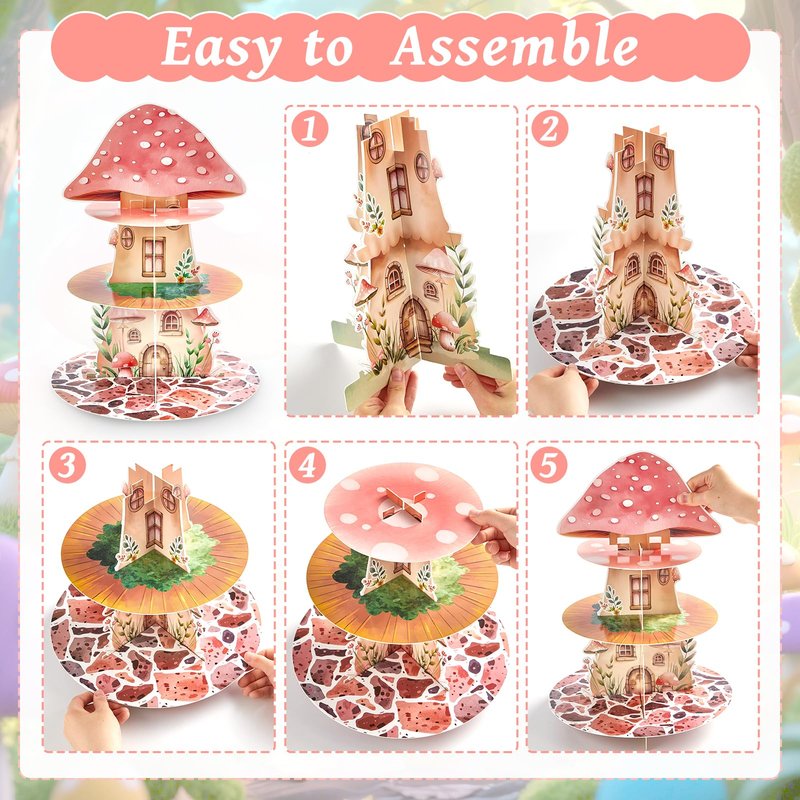 Fairy Birthday Party Decorations 3 Tier Mushroom Cupcake Stand with Fairy Theme Cupcake Toppers Fairies Garden Party Cake Decoration for Woodland Fairies Theme Birthday Baby Shower Spring Supplies