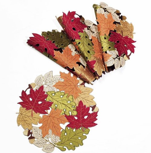 KEVA Fall Placemats Set of 4, 15inch Round Placemats, Fall Table Decorations for Home, Autumn Maple Leaves Cutwork Embroidered Placemat for Harvest Thanksgiving Holiday Decor
