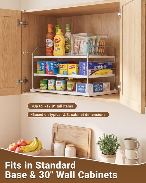 EVERIE Extendable 3-Tier Kitchen Cabinet & Pantry Organizer for Plastic Wrap, Foil & Storage Bags, Adjustable Heavy Duty Shelf Rack for Wrap Boxes, Jars & Snack Boxes (11–16.7 in Wide), Pack of 1