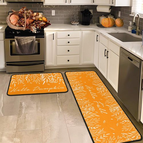 Fall Kitchen Rugs and Mats Set of 2, Fall Decorations for Home Non Slip Backing Holiday Kitchen Rug Autumn Decor Orange Kitchen Floor Mat 17"X47"+17"X30"