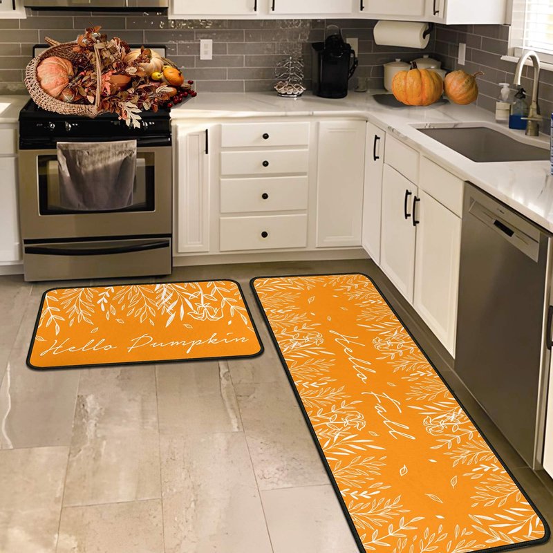 Putware Fall Kitchen Rugs and Mats Set of 2, Fall Decorations for Home Non Slip Backing Thanksgiving Kitchen Rug Seasonal Farmhouse Holiday Autumn Decor Kitchen Floor Mat 17"X47"+17"X30"