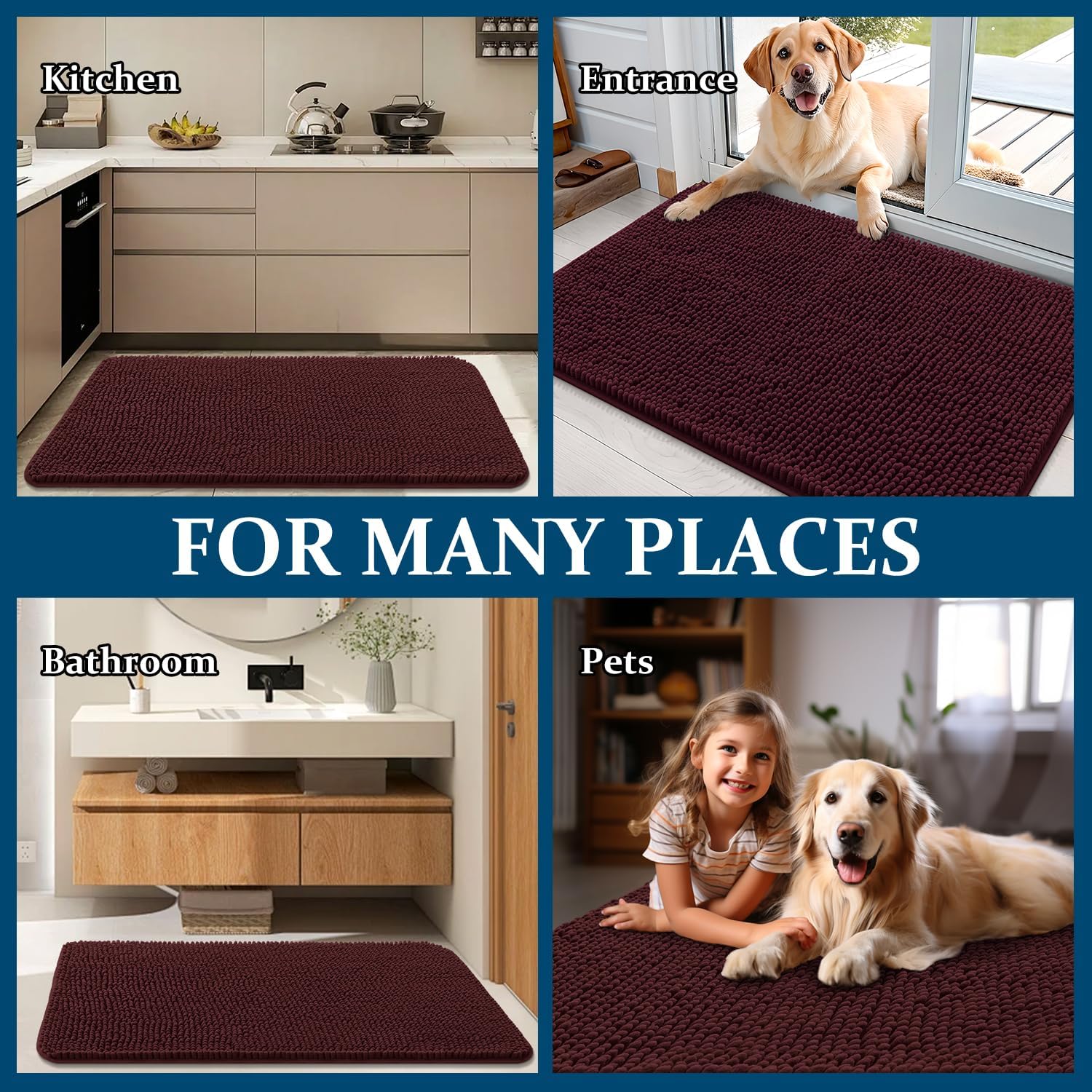 OLANLY Dog Door Mat - Absorbent Non-Slip Washable Chenille Mat for Muddy Paws | 50x30, Russet Color