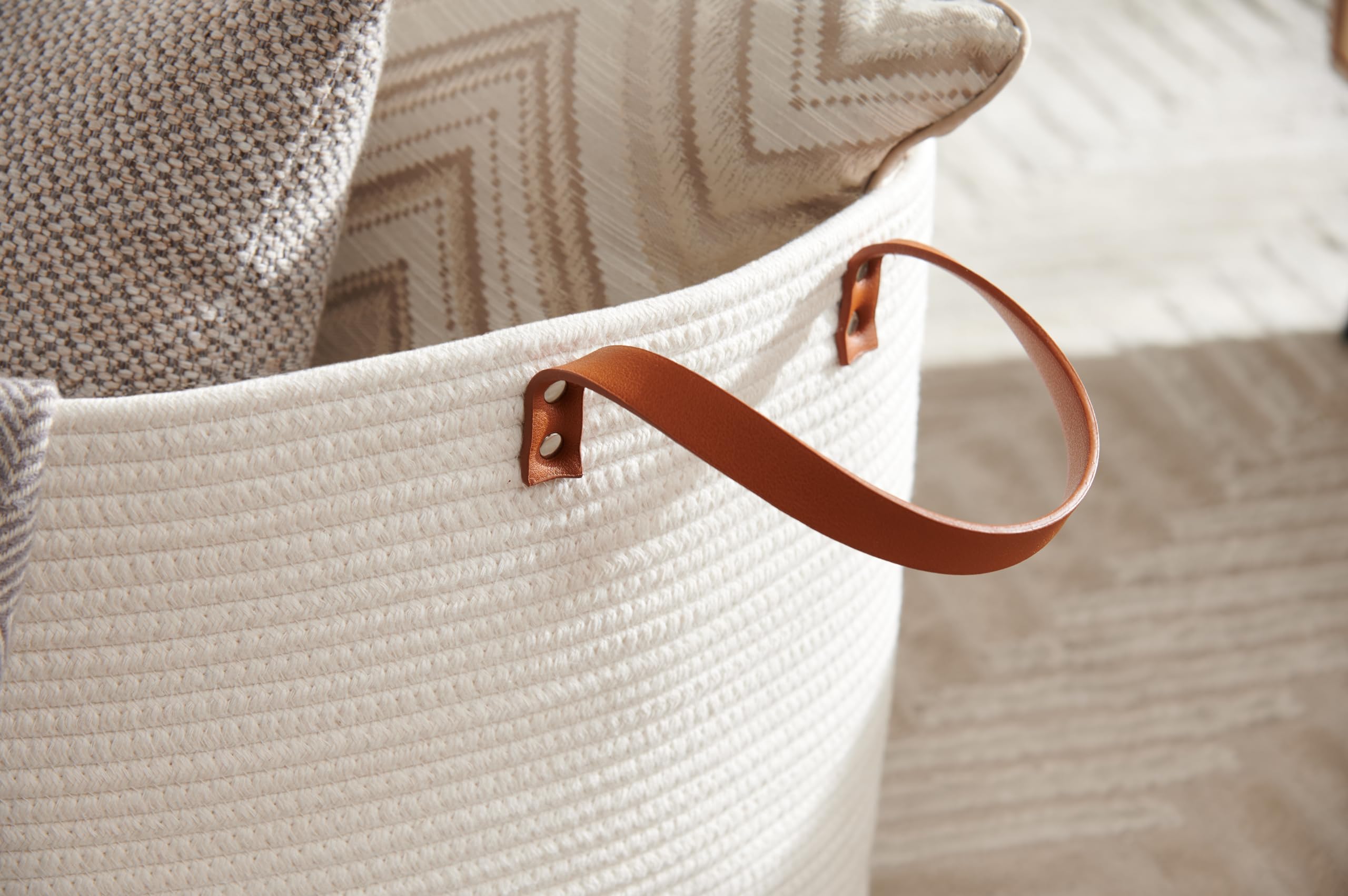 Luxury Little Extra Large Nursery Storage Basket, 22 x 22 x 14 inches - 100% Cotton Rope Baskets with Handles, Laundry Basket for Toys, Blankets & Pillows - Off White with Leather Handles