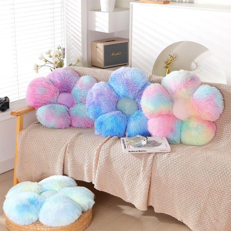 UGEYAO Faux Fur Pillow,Flower Shaped Throw Pillow Butt Cushion Flower Floor Pillow,Seating Cushion,Cute Room Decor & Plush Pillow for Bedroom Sofa Chair (19.7 Inches, Rainbow Pink)