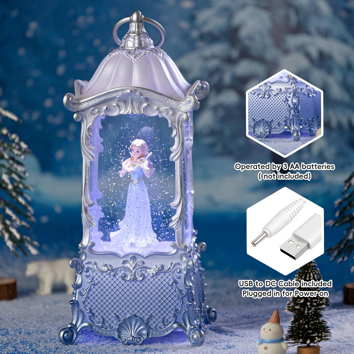 Snow Globe Lantern - Violin Girl Music Box with LED Light | Shatterproof, 8 Songs, USB/Battery Powered, Silver
