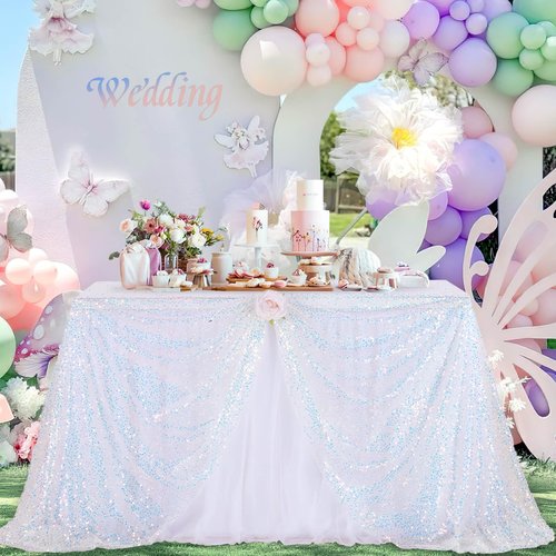 MoKoHouse Iridescent Tablecloth 52x120 inch White Sequin Table Cloth Glitter Table Cover Birthday Wedding Baby Shower Christmas Halloween Mermaid Ocean Theme Party Decoration