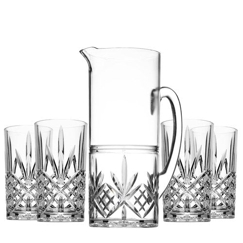 Godinger Pitcher and Highball Drinking Glasses Set, Acrylic Shatterproof Water Jug Pitcher with Tall Drinking Cups - Dublin Collection